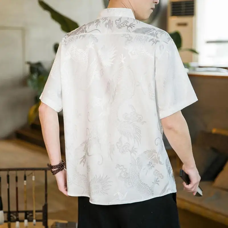 Men Shirt Mandarin Collar Short Sleeve Summer Oversize 5XL Plus Size Men Formal Black White Red Chinese New Year Clothing Retro