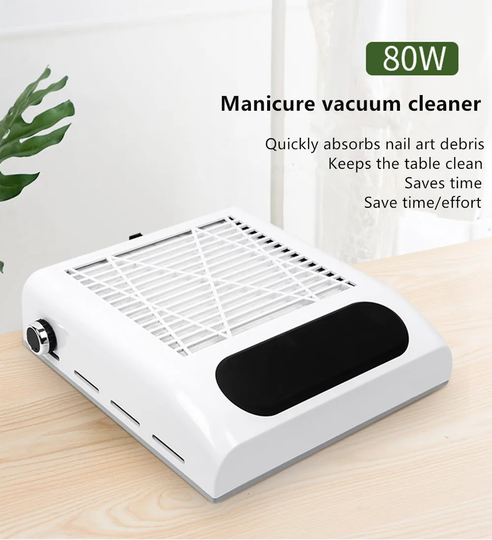 

80W Powerful Nail Art Dust Vacuum Cleaner Low Noise Extractor Fan With Reusable Filter Adjustable Suction Nail Dust Collector