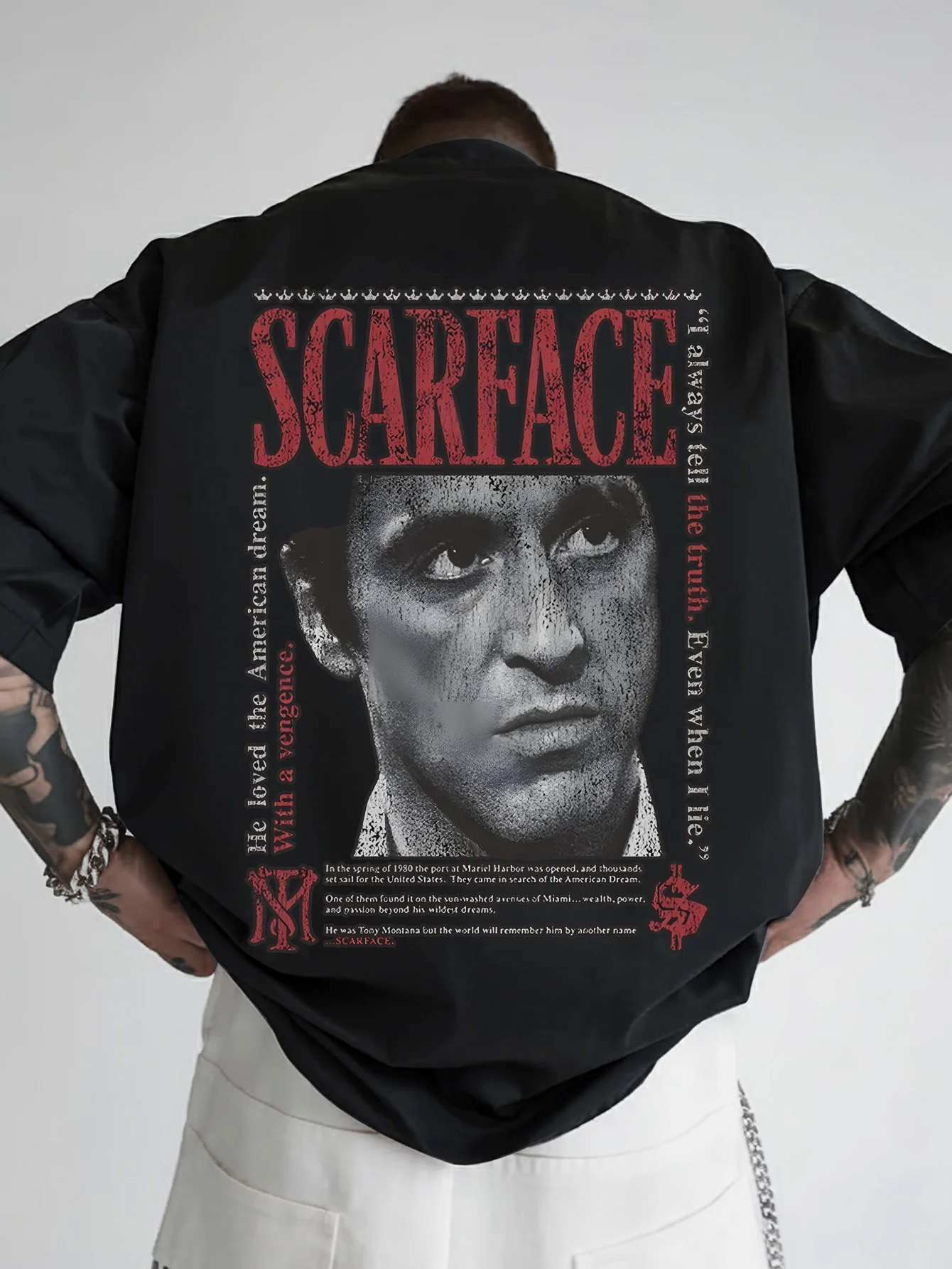 تي شيرت رجالي برسومات فرقة الروك الكلاسيكية باللون الأسود بأكمام قصيرة ورقبة دائرية مع طباعة Scarface Rammst-ein للصيف #1