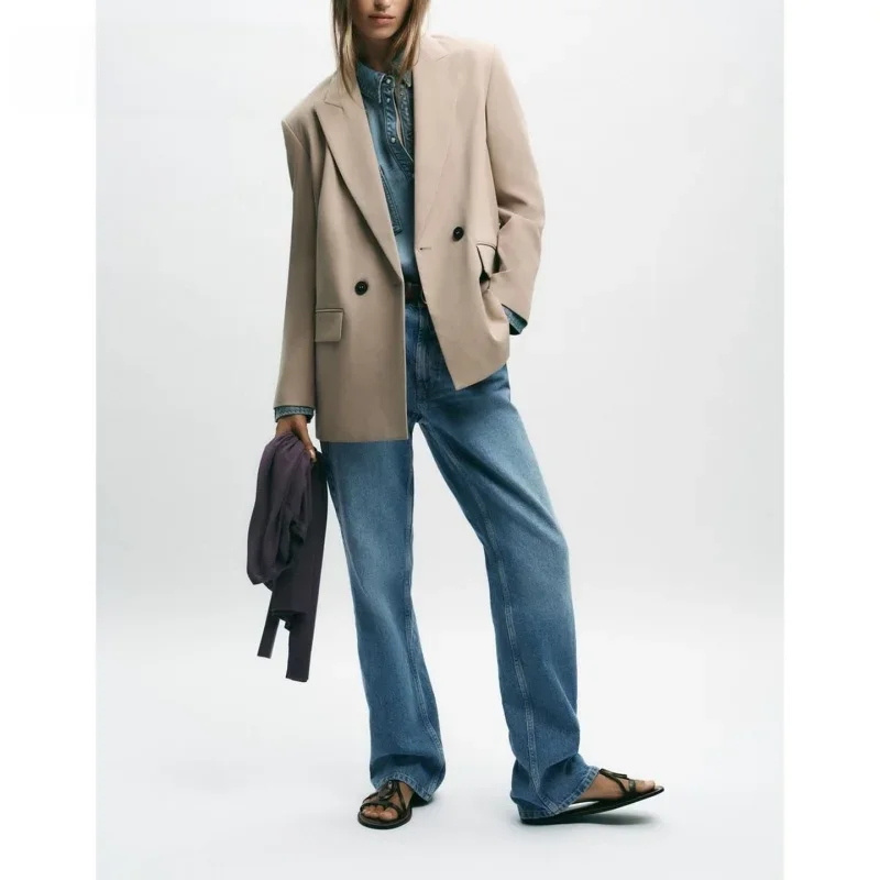 

Loose Fit Long Sve Double Breasted oulder Pad Design Turn down Collar Women's Suit Jaet Autumn New Arrival Casual Sle