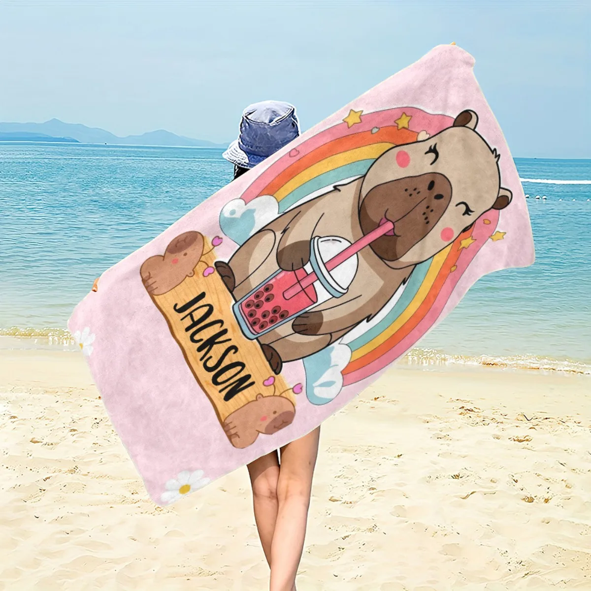 Custom Name Beach Towel Personalized Cute Capybara Bath Towels Soft Microfiber Quick Dry Swimming Pool Lounger Blanket