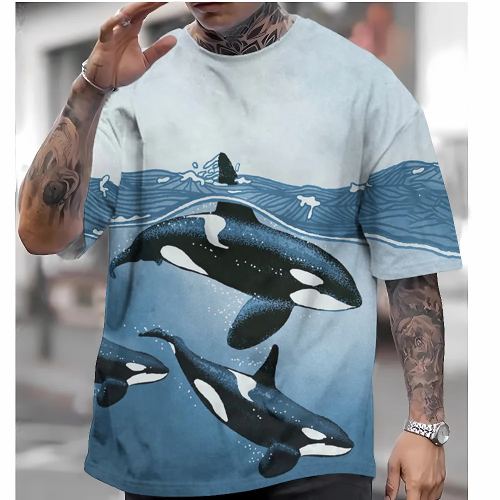 T-Shirts For Men Japanese Wave Dolphins Printing Tops Fashion Casual Soft Short Sleeve Crew Neck Loose Tees Oversized Clothing