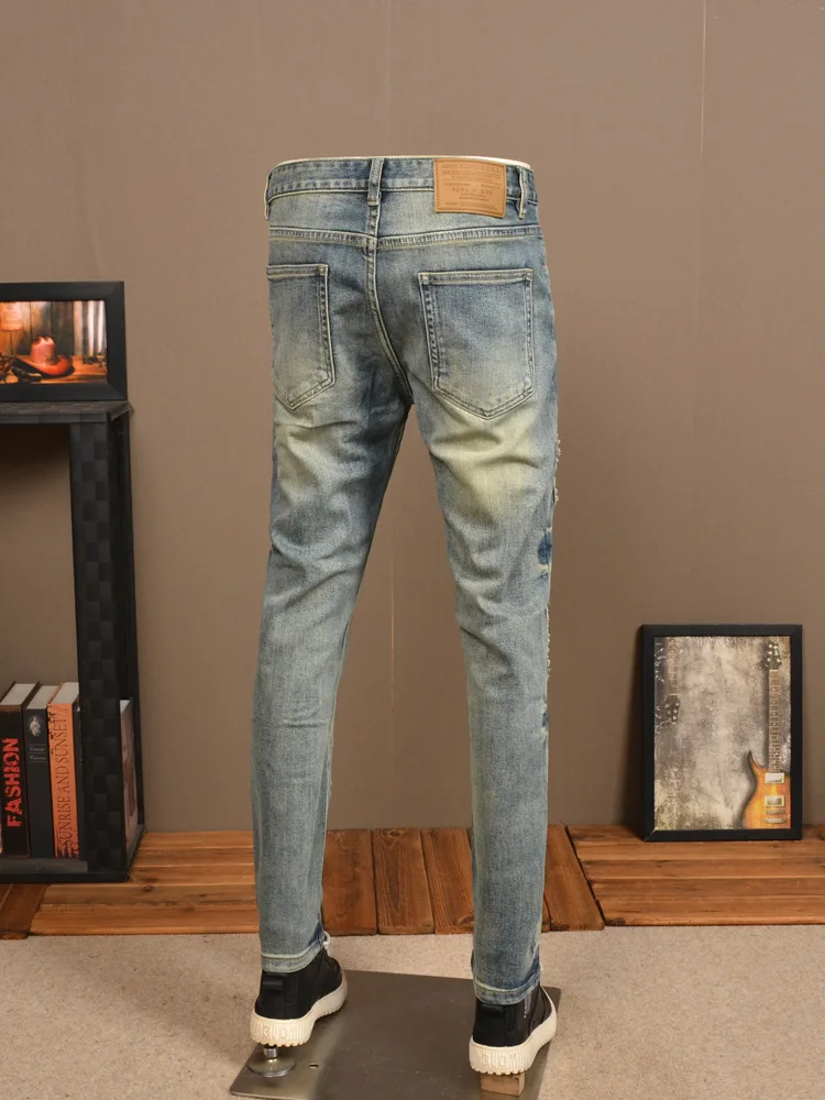 Retro Make Old Ripped Jeans Men's Pu Handsome Stretch Slim Fit High-End Embroidery Scrape Patch Style Motorcycle Trousers