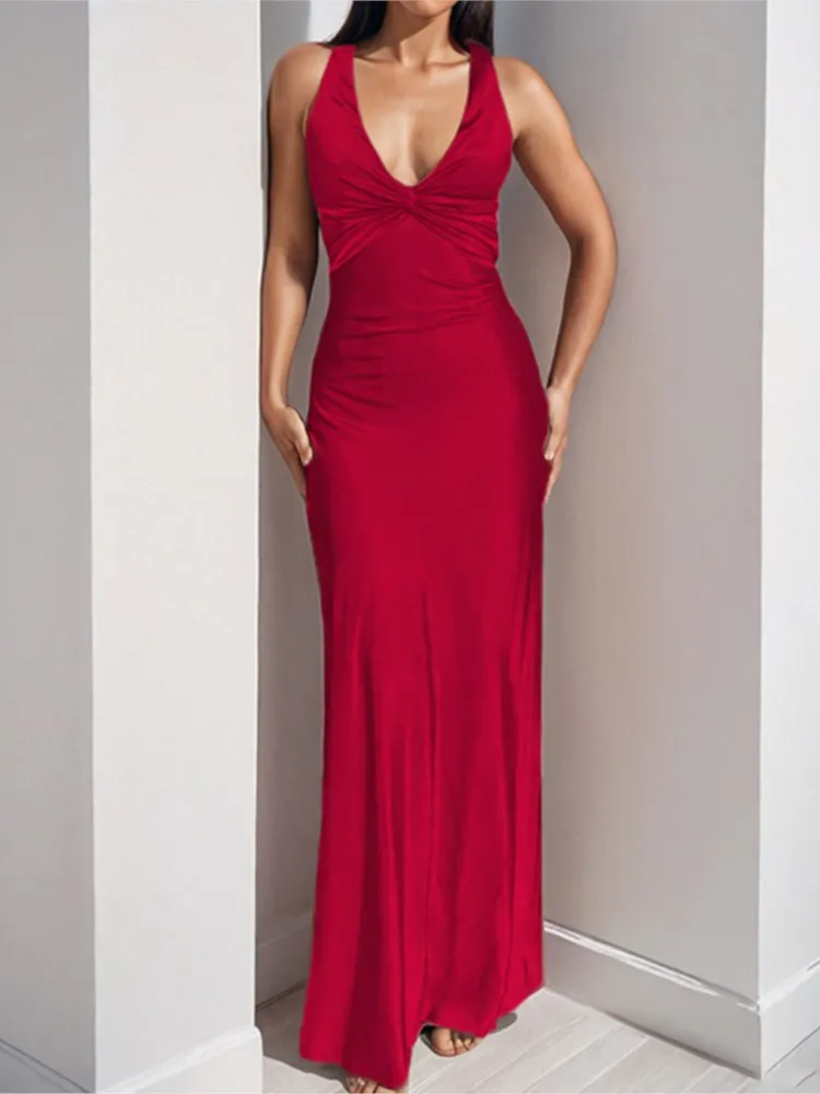 Sexy Elegant Party Long Dress Fashion Summer Solid Color V-Neck Halter Neck 2026 Backless Vestidos Sleeveless Beach Maxi Dresses view 3