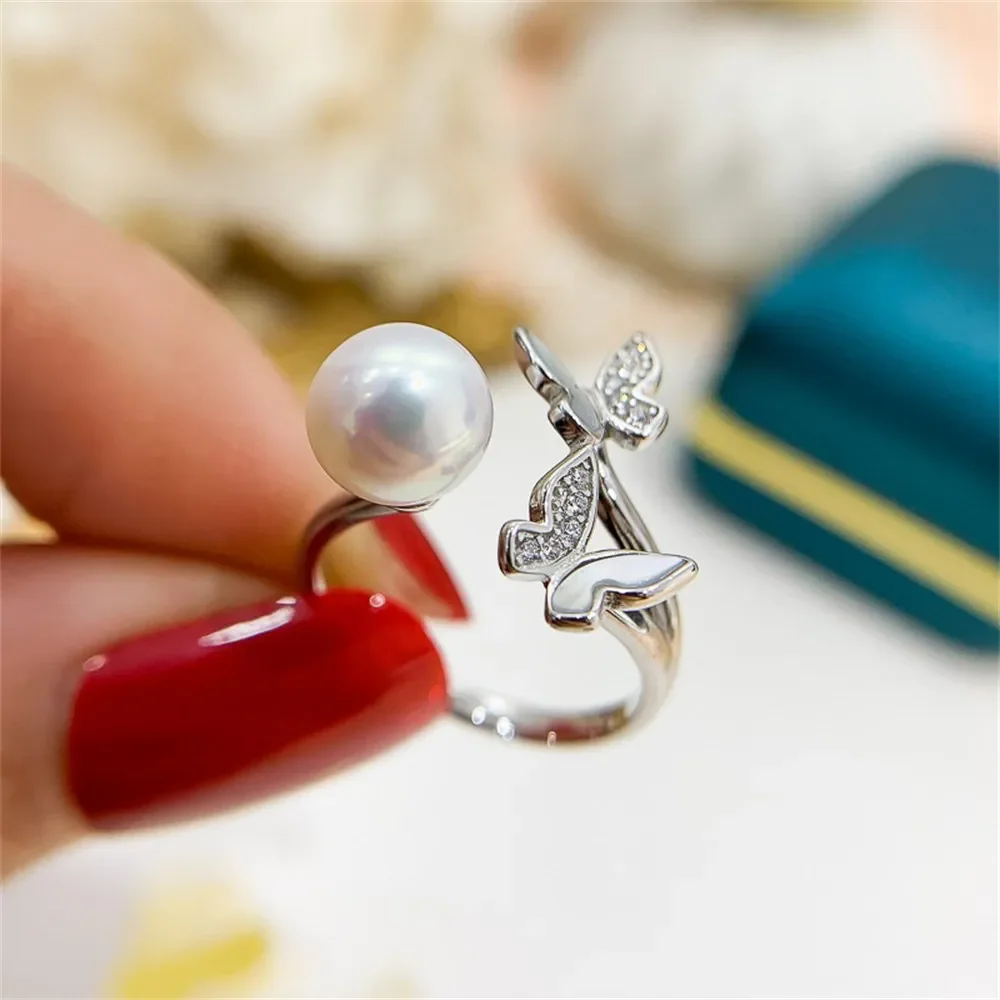 DIY Pearl Accessories S925 Sterling Silver Ring Empty Butterfly Version Ring Silver Embellishment Set with 6-9mm Round Flat Bead