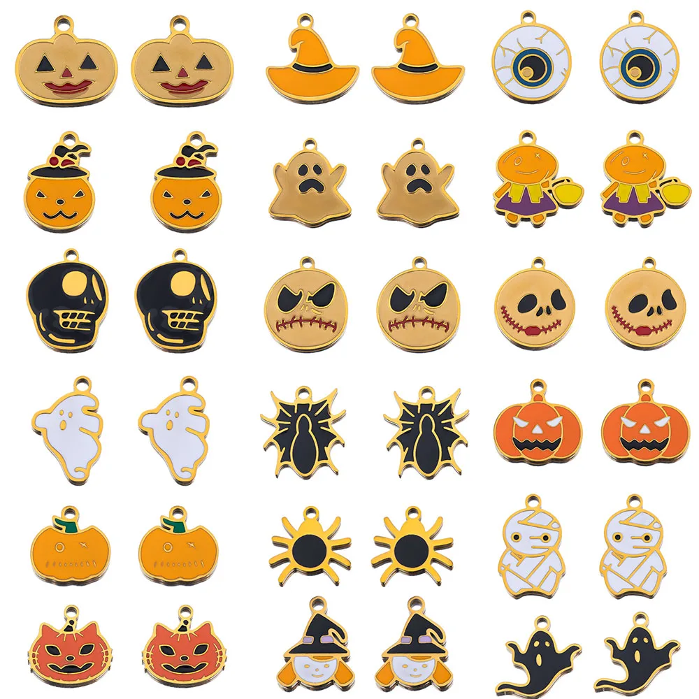 3Pcs Stainless Steel Gothic Pumpkin Ghost Bat Enamel Halloween Charms Golden Pendants for Making DIY Jewelry Handmade Wholesale