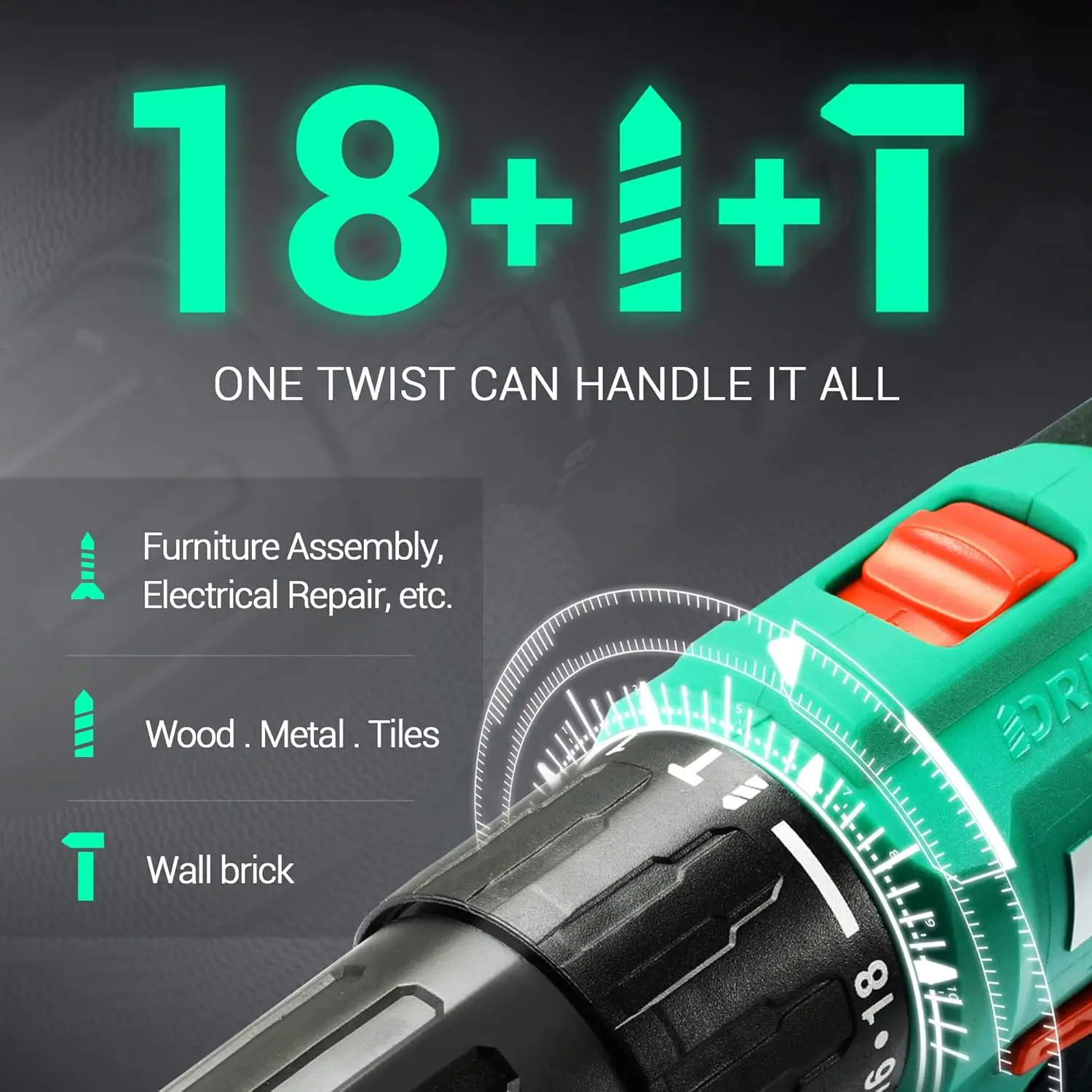 Juego de taladro percutor inalámbrico de 20 V, par de 354 libras, portabrocas sin llave de 1/2', 22500 IPM, 2 velocidades, 18+1+1, 14 puntas para ladrillo, metal, Woo