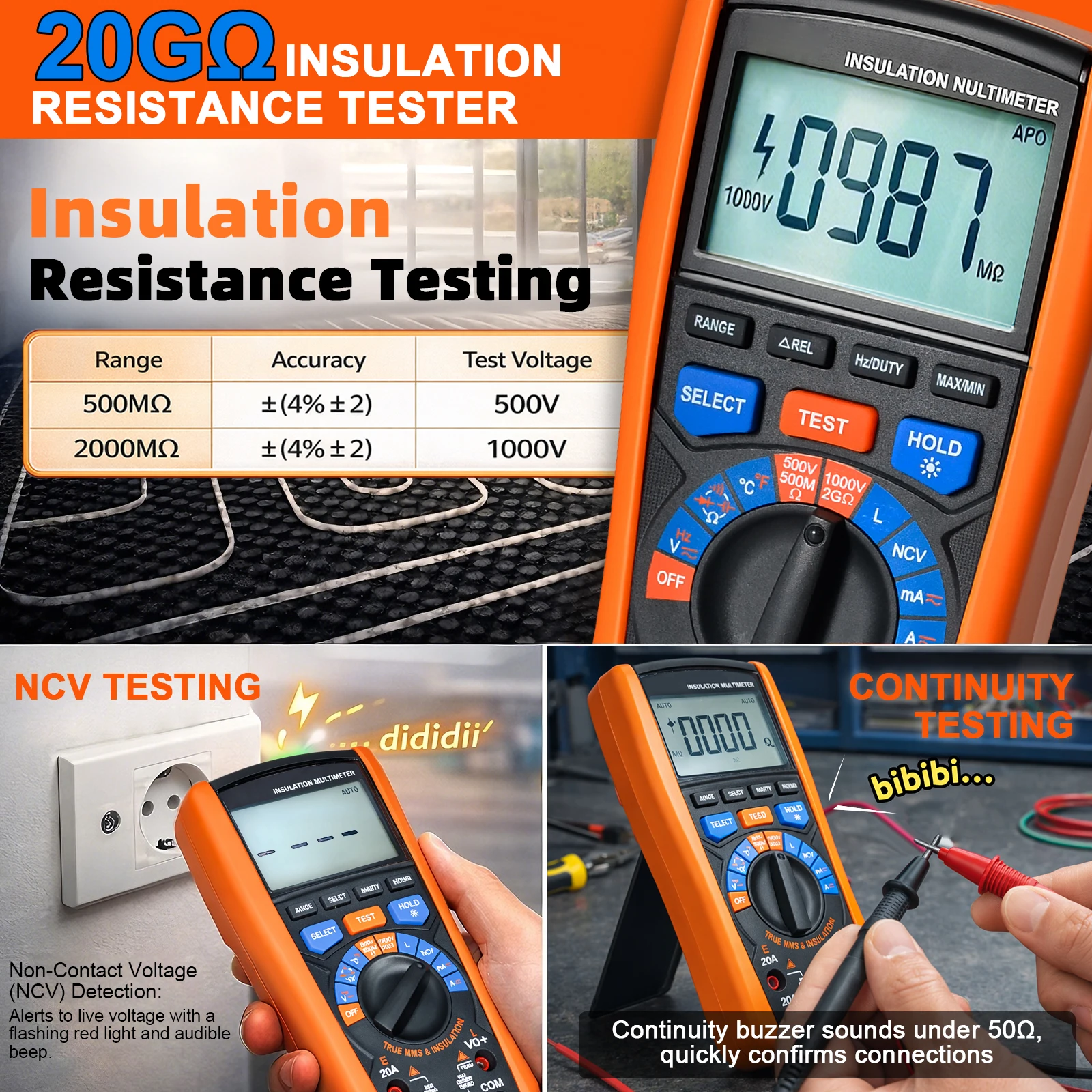 2 in 1 Insulation Resistance Tester Multimeter 6000 Counts True RMS 1000V NCV Voltage Tester Capacitance Inductance Temperature view 4