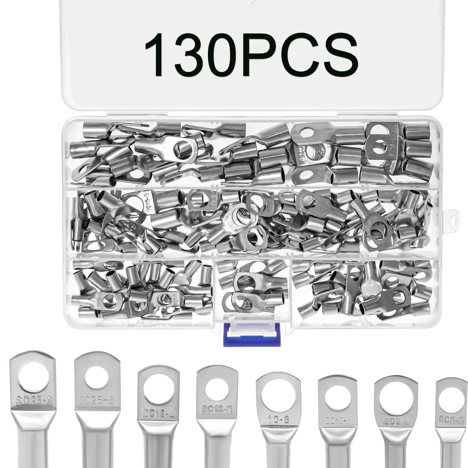

130Pcs Tinned Copper Terminals Connectors Ring Battery Cable Ends Lugs Crimp Battery Cable Connectors for Electric, Auto, Boat