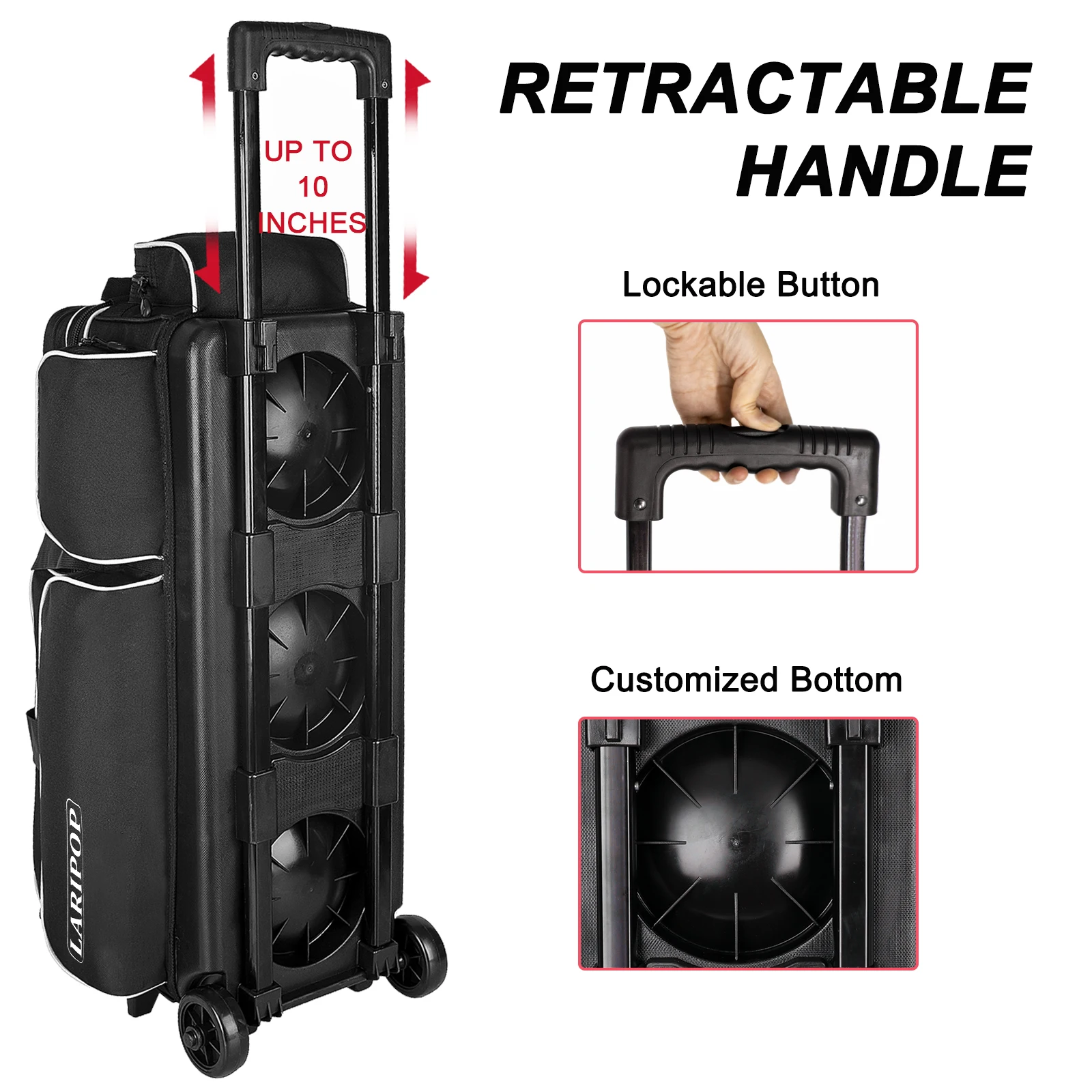 3 Bowling Ball Bag With Wheels - Rolling Bag for Balls & Accessories - Retractable Handle Extends to 38