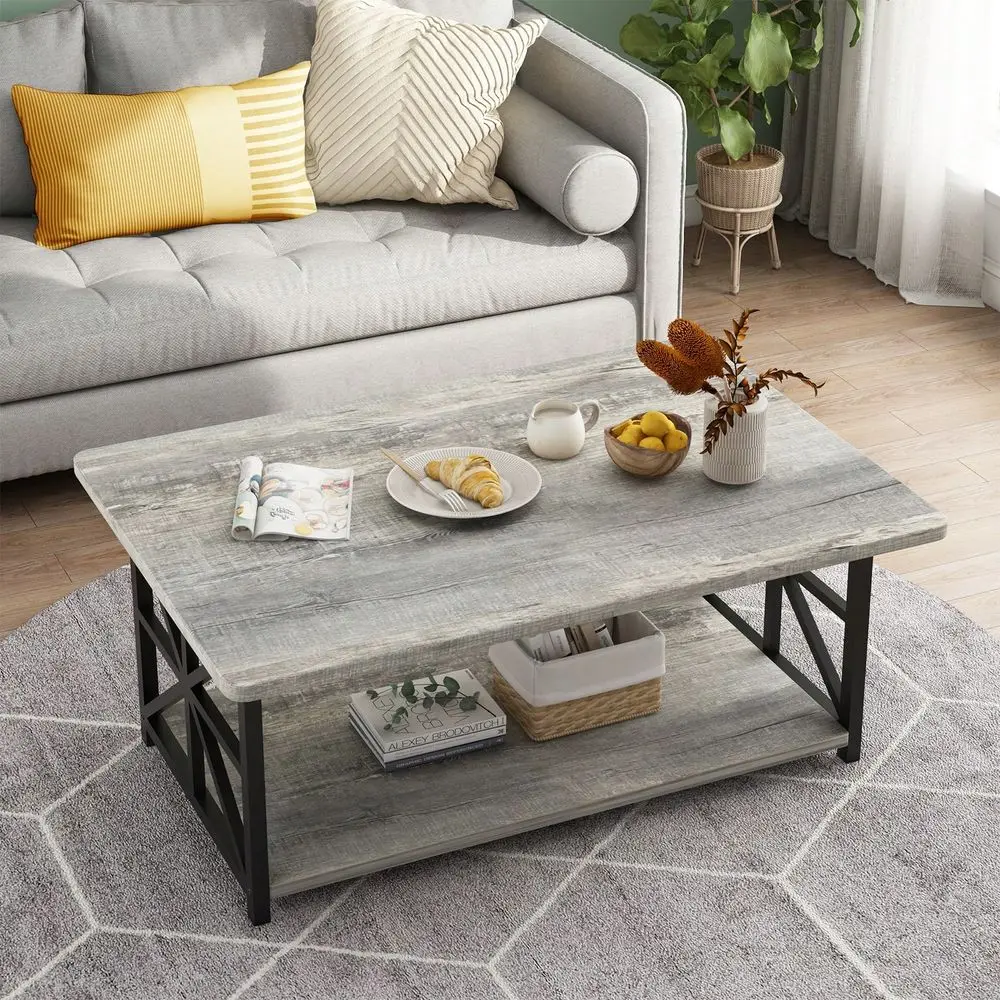 

Marble Top Rectangular Coffee Table With Black Metal Frame, 2 Tier Coffee Table With Storage Shelf, Rectangular Center Table Fo