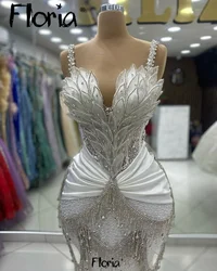 Floria Luxury White Mermaid Diamond Prom Dresses Spaghetti Straps Dubai Evening Dress Arabic Formal Party Gown Robes De Soirée