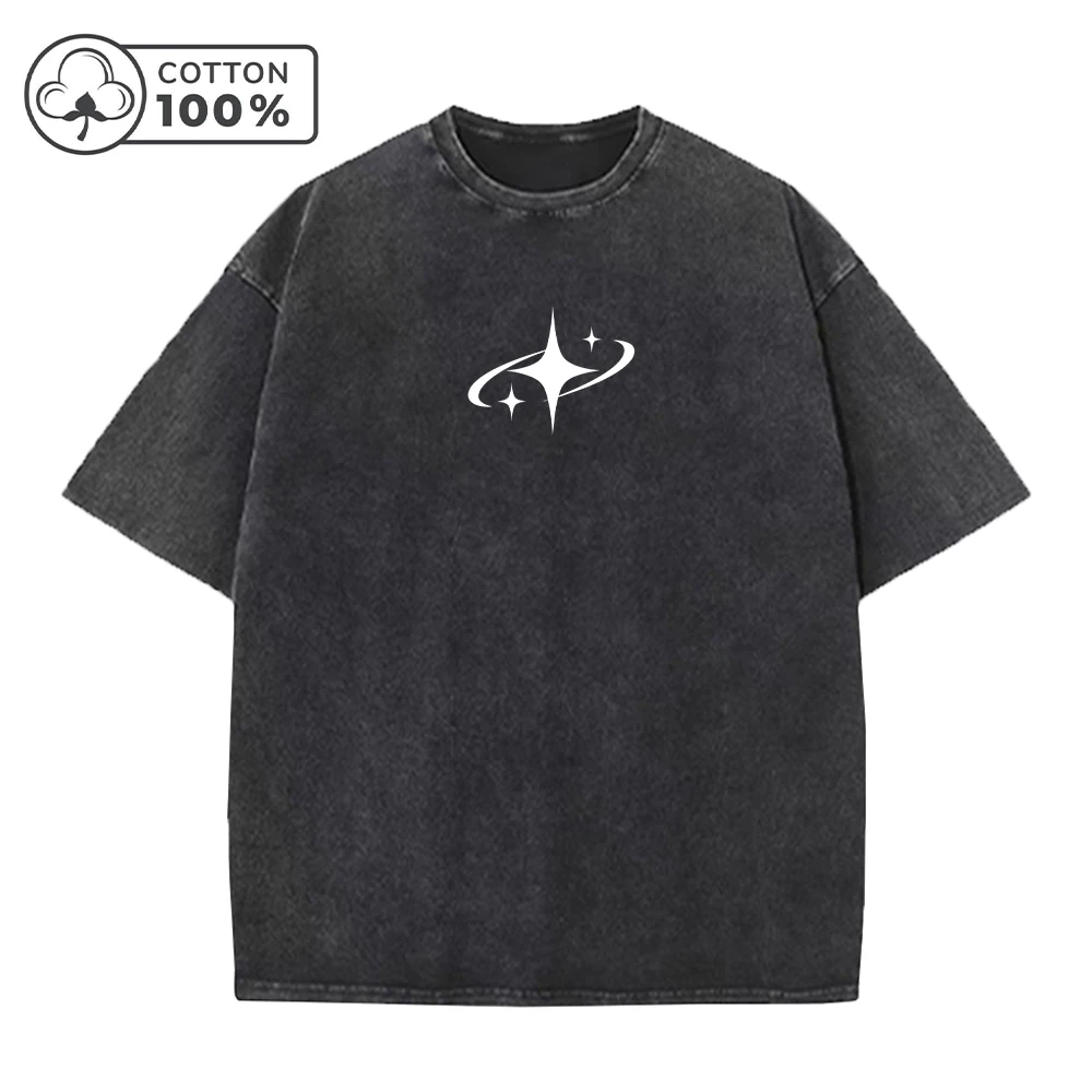 Men's Wash T-Shirt With Trendy Four Point Star Print Casual Pure Cotton Crew Neck Short Sleeve Top For Streetwear Daily Commute