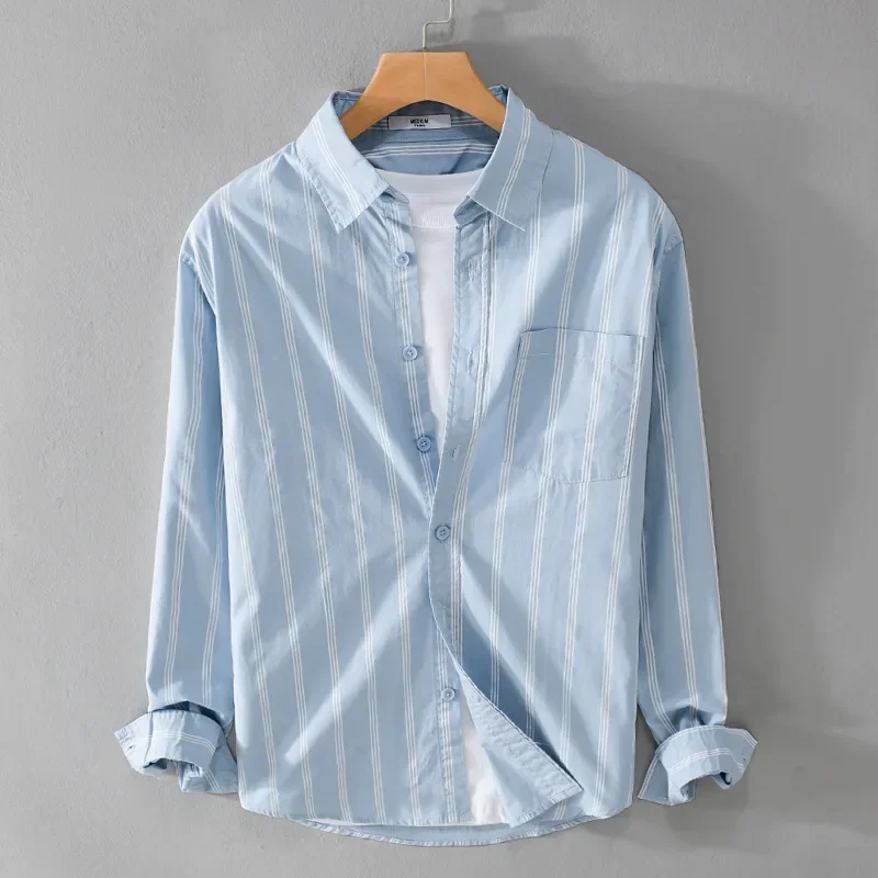 

Японская простая полосатая рубашка с длинным рукавом, мужская весенне-летняя повседневная рубашка с лацканами, рубашка на пуговицах из чистого хлопка, молодежная одежда