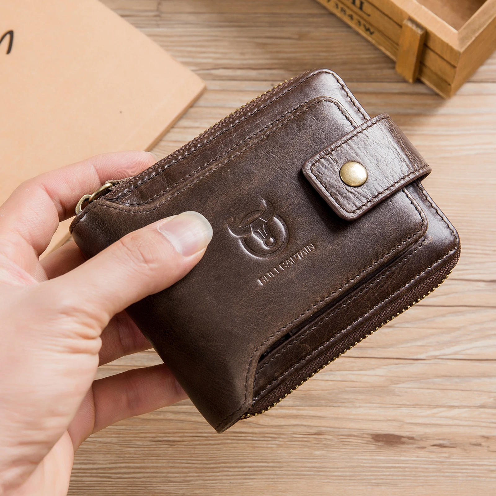 LUKZIJAES Genuine Leather Wallet for Men RFID Blocking Large Capacity Card Case with Zipper ID Window Coin Pocket