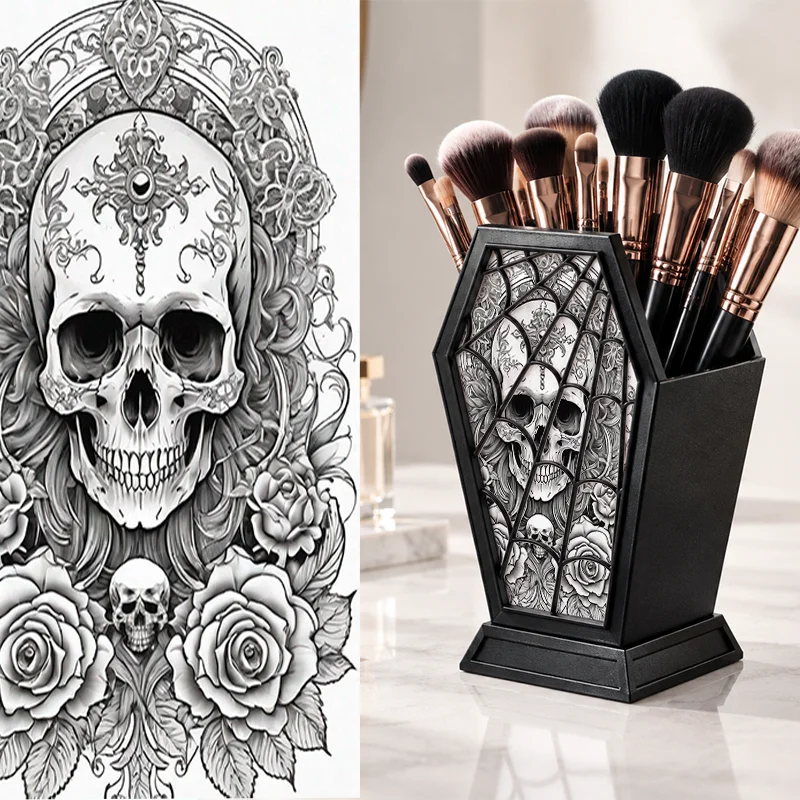 Halloween Gothic Coffin Shaped Storage Holder Black White Skull Rose Print Pen Container Desktop Makeup Brush Organizer for Offi