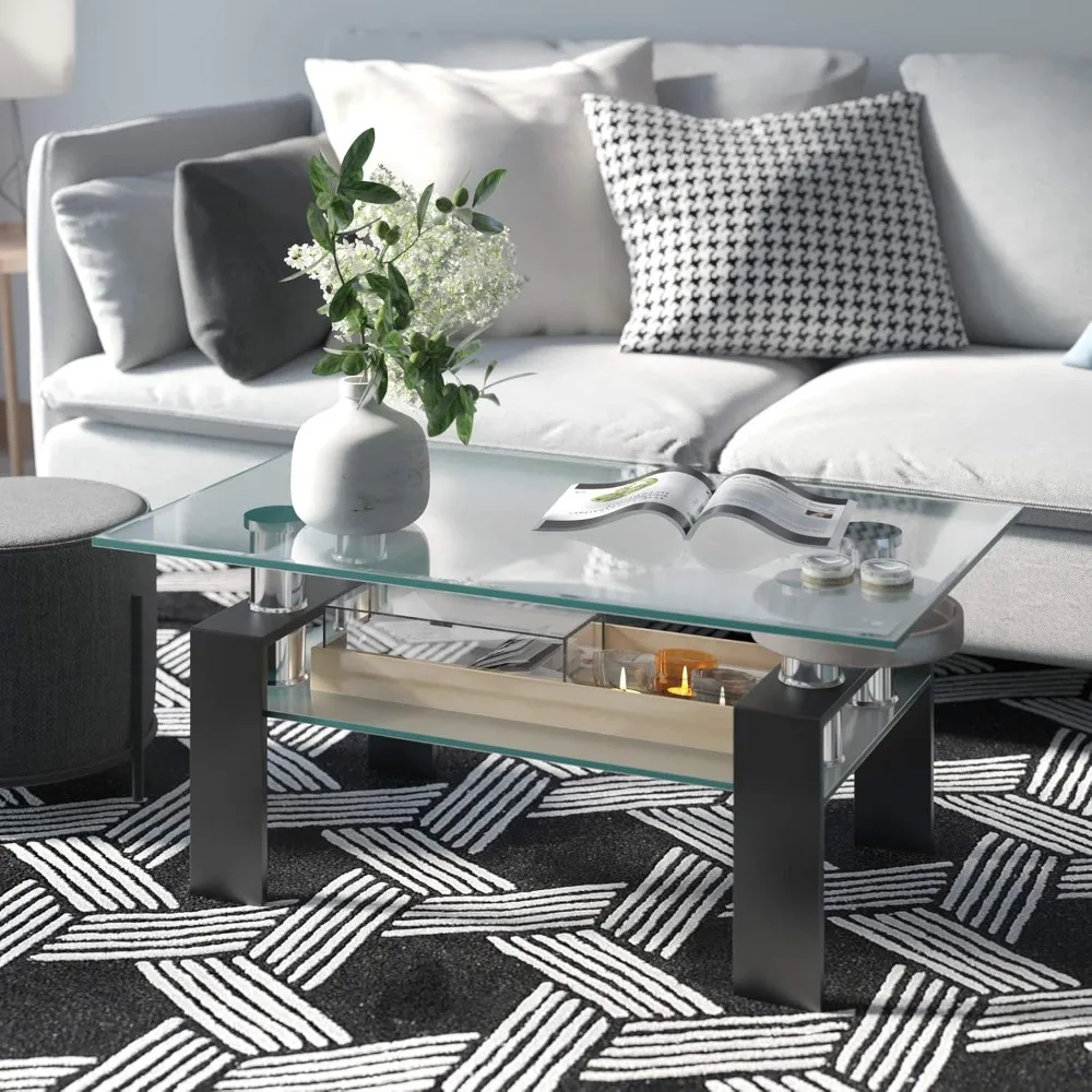 Rectangular Glass Coffee Table, Modern Side Coffee Table w/Lower Shelf, Tempered Glass Tabletop & Metal Legs