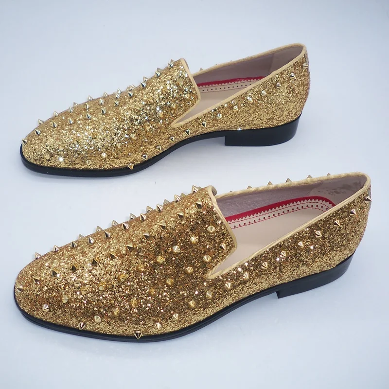 

New Arrival Gold Sequin Shoes Man Spiked Loafers High Quality Slip-on Men's Dress Shoes Bling Party And Prom Men Shoes