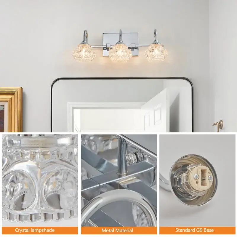 تركيبات مرآة حمام كريستالية عتيقة بلمسة نهائية من النيكل مقاس 17 بوصة مع ظلال زجاجية شفافة، بدون لمبات، تصميم أنيق لـ #5