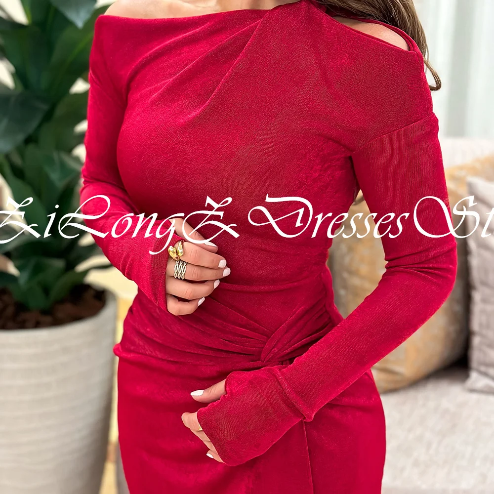 Customized Classic Red Velour Long Sleeves Evening Dress Modern Mermaid Party Gowns Saudi Arabia Off the Shoulder Prom Dresses