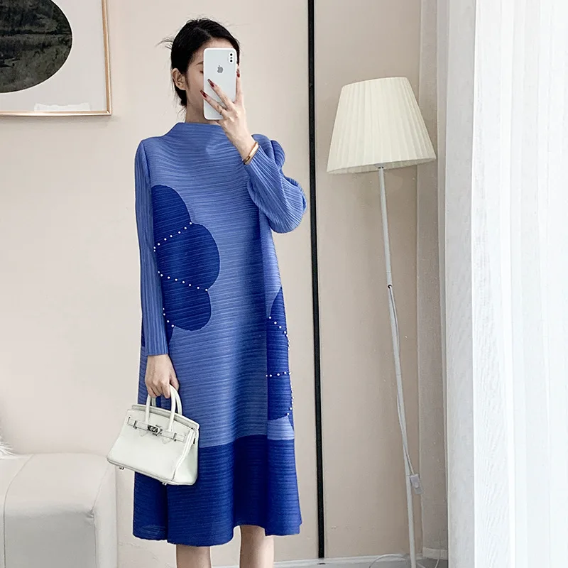 

miyake pleated casual fashion vintage dress 2022 autumn flora printing basic loose thin folda dress