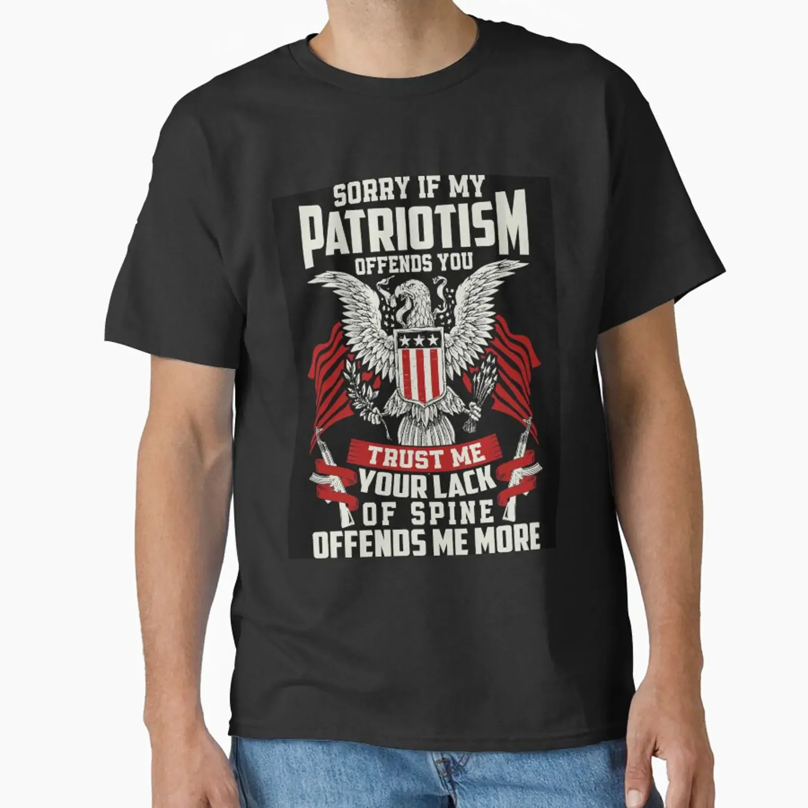 Camiseta de moda casual elástica, suave y transpirable, estilo vintage, diseñada y vendida por Mirko Rimini, con estampado de Fe, Libertad y Patriotismo.