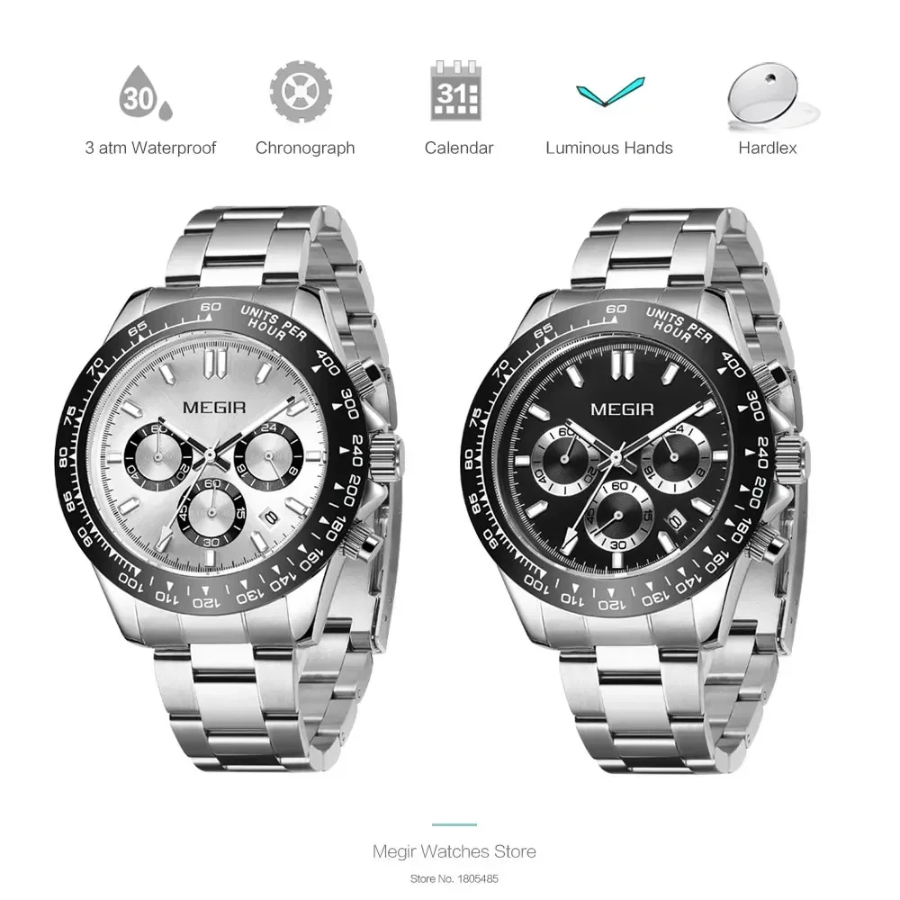 MEGIR-Montres à quartz étanches pour hommes, montre-bracelet chronographe de luxe, bracelet en acier inoxydable, marque supérieure, mode, 24 heures