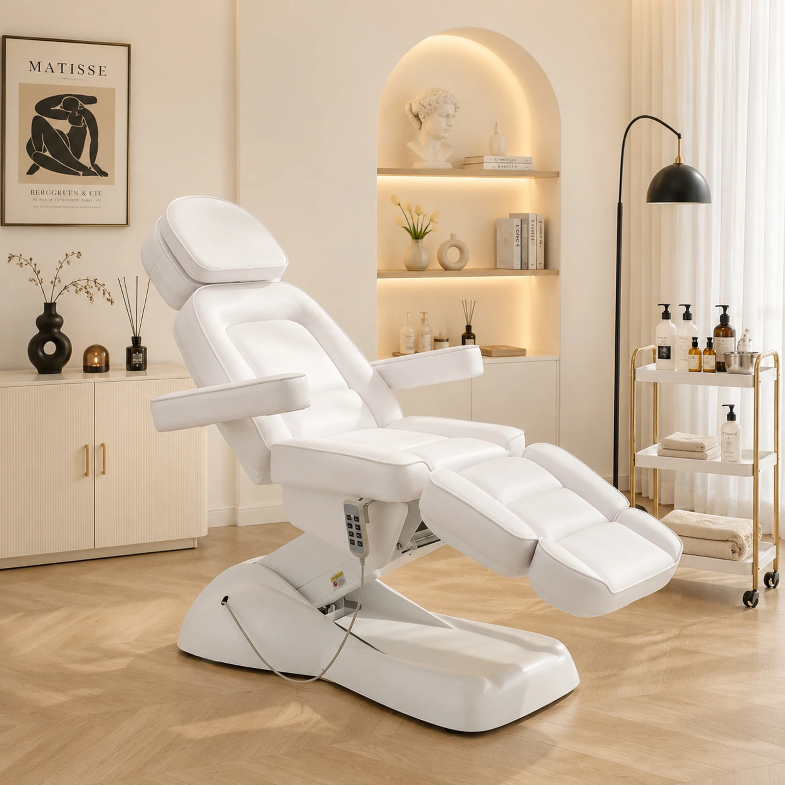 2026 Electric Beauty Bed 3 Motors Adjustable Facial Massage Table Salon Spa Treatment Couch White PU Leather Face Cradle Armrest