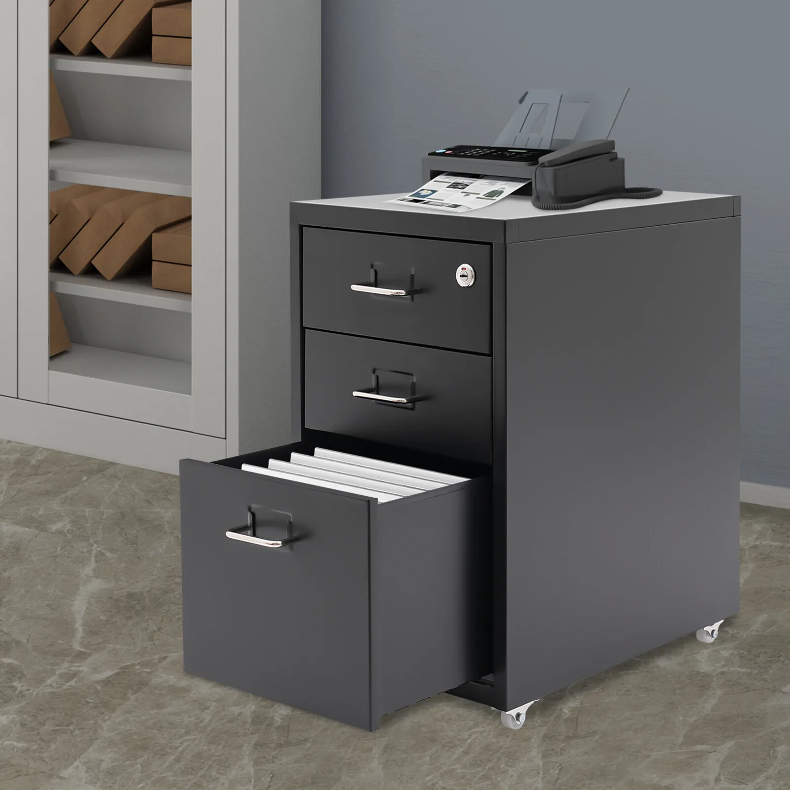 

3 Drawerds Black Mobile Filing Cabinet Cold-rolled Steel Organizer Vertical File Cabinet Office Storage with Curved Handle