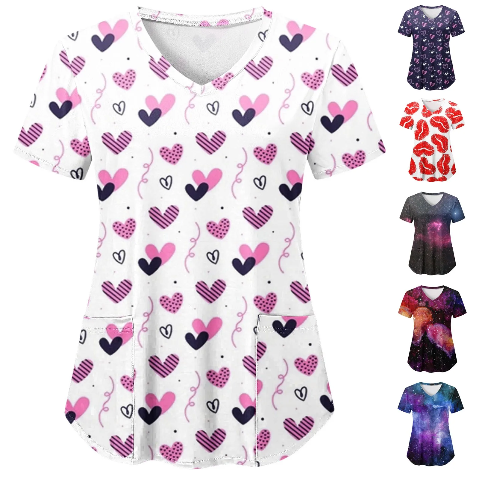 Nurse Working Uniforms T-shirt For Women's Workwear V-neck Short Sleeve Tops Blouse Cartoon Pattern Print Nursing Hospital Mujer