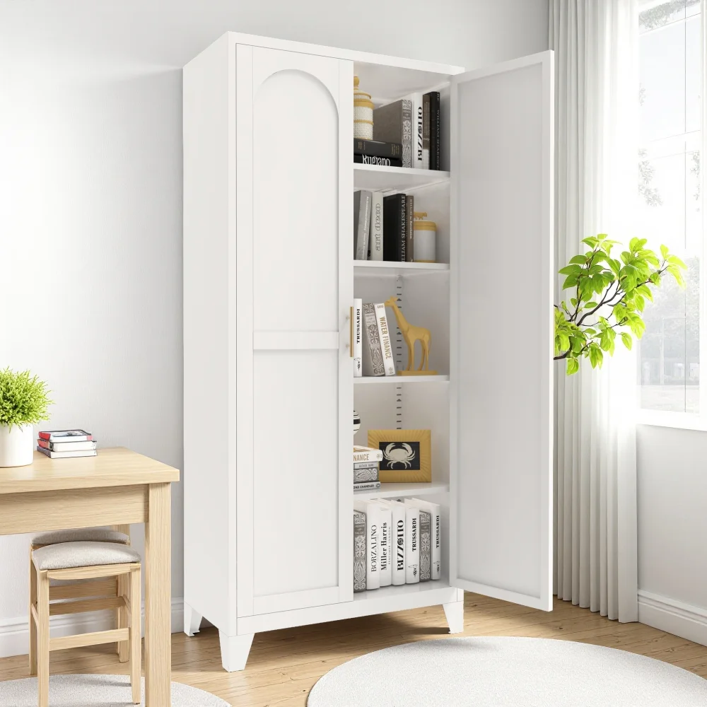 White 71 Inch 2-Door Metal Storage Cabinet with Stylish Doors and Adjustable Shelves, Freestanding Storage Cupboard for Bedroom, Living Room and Kitchen Organization