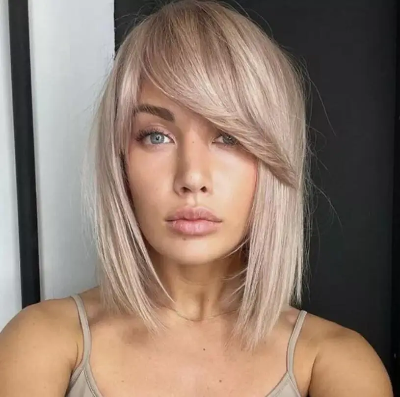 Ash Blonde Bob Wigs Short Straight Ombre Blonde Wigs with Bangs Natural Wigs USA