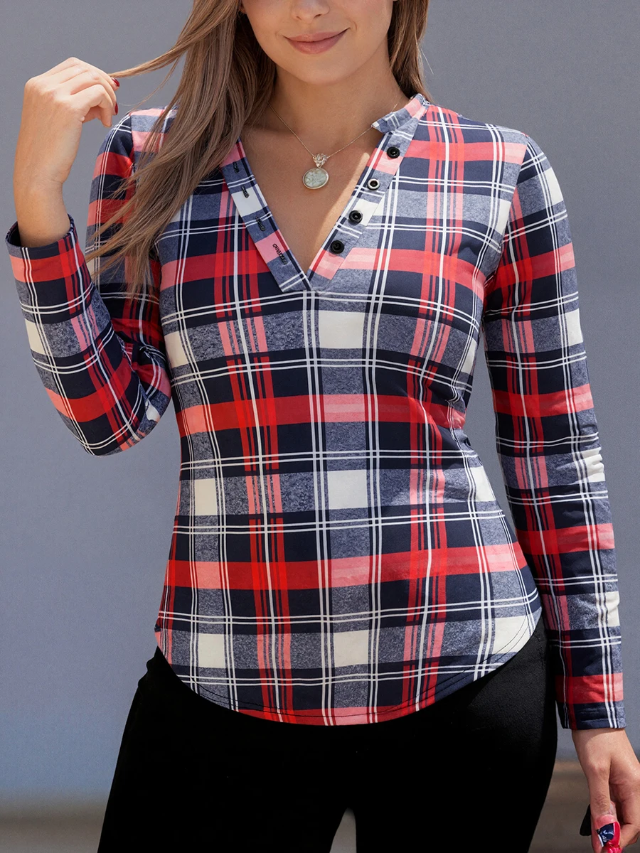 Damen Casual Kariertes T-Shirt V-Ausschnitt Knopf Langarm Stretch Slim Fit Oberteil Herbst Basic Tees Vintage Bluse Mode Pullover – Detail 1
