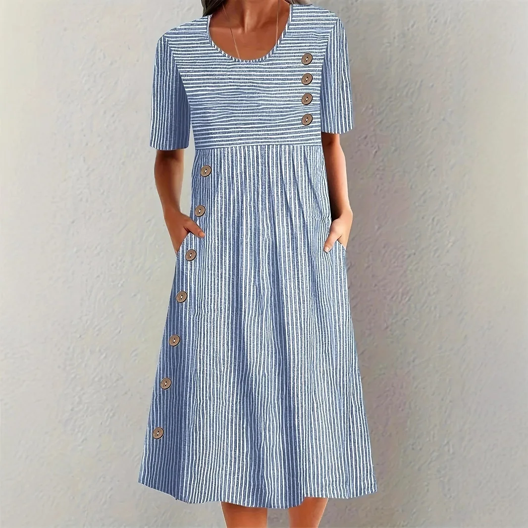 Women Dresses 2026 new stripe pocket button short sleeve knee length dress XXXXL women's clothing vestidoes