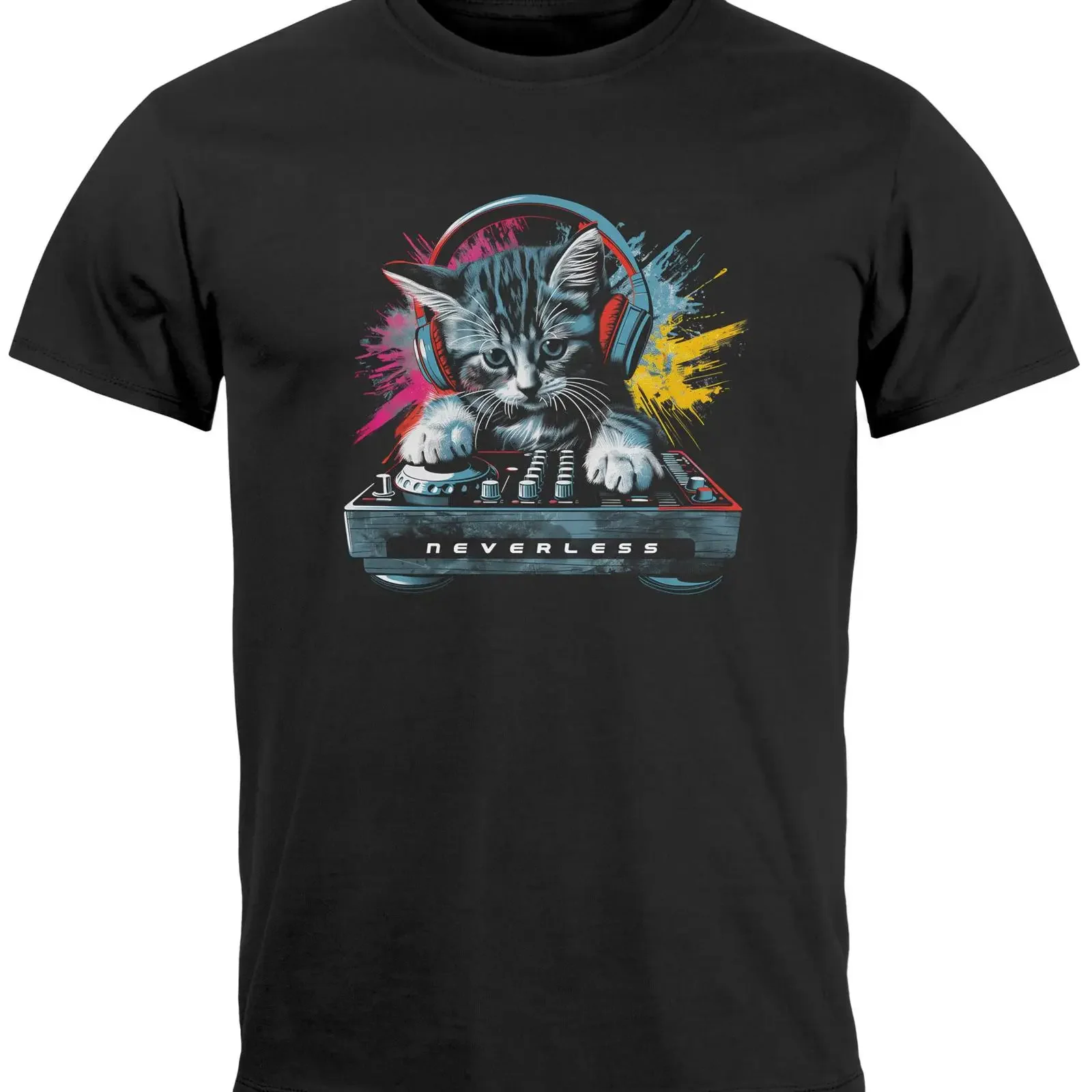 Neverless Herren-T-Shirt, Techno, DJ, Katze, elektronische Musik, Rave, Festival, Aufdruck, modisch, Streetstyle, Vintage, gewaschen, atmungsaktiv