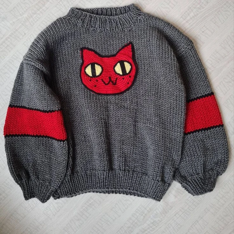 Y2K New High Quality Runway Designer Cat Print Knitted Sweaters Pullovers Women Autumn Winter Long Sleeve Harajuku Sweet Jumper