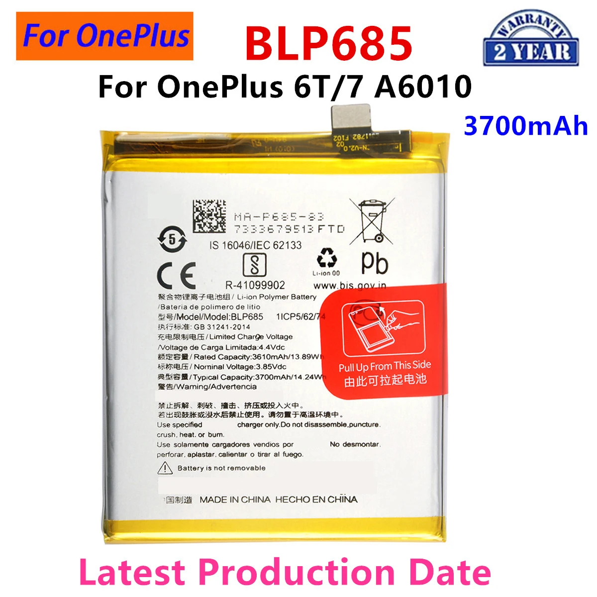 

100% Orginal BLP685 3700mAh Replacement Battery For OnePlus 6T OnePlus 7 A6010 Genuine Latest Production Phone Batteries