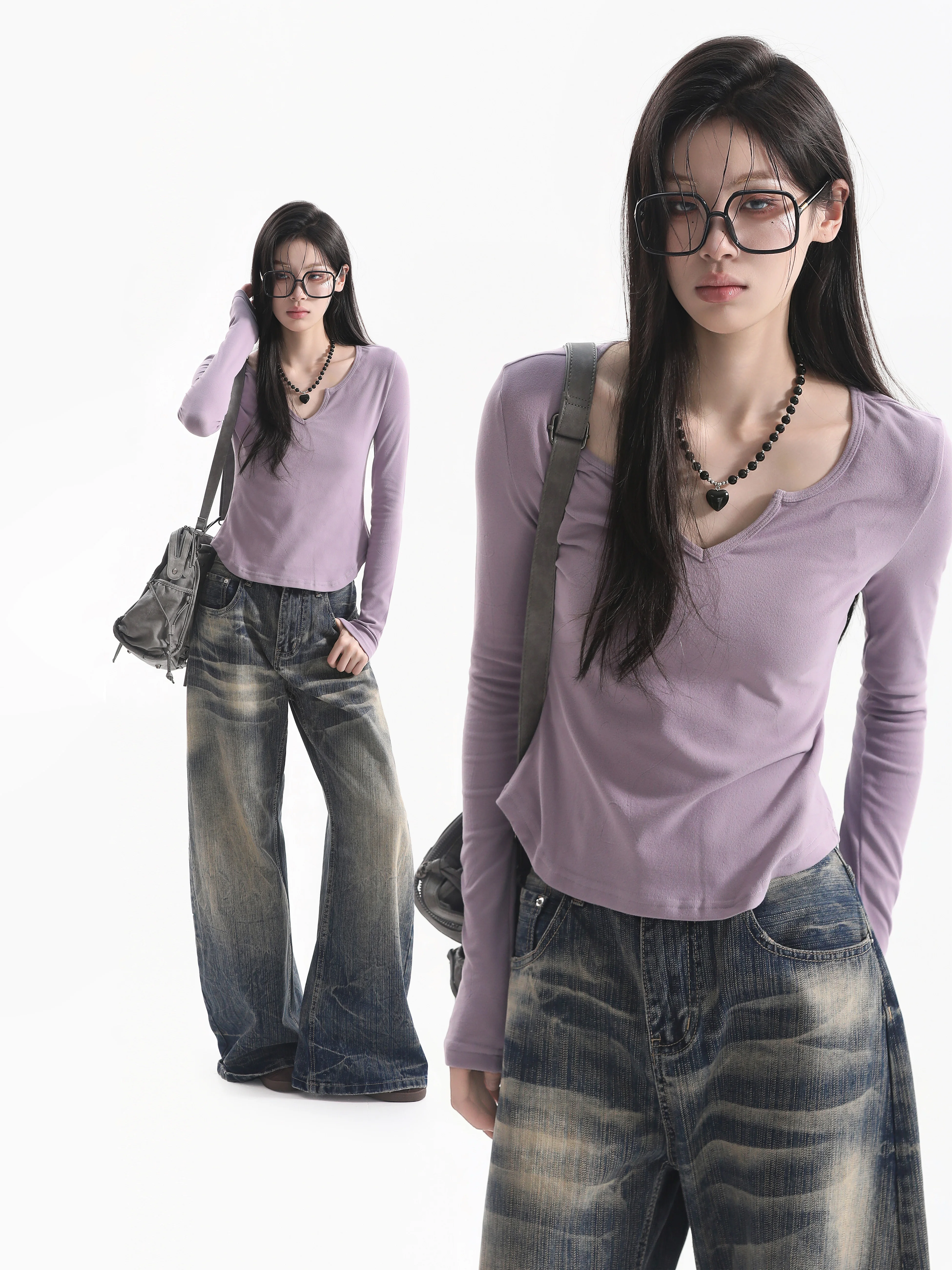 Slim Fit Long Sleeve V-Neck Women's T-Shirt Korean Style College Atmosphere Sensation Base Shirt Waist Cinching Hot Girl Style