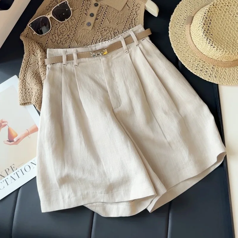 Old Qian Style Cotton Linen Wide-leg Shorts for Summer Style Casual High-waisted Slimming Versatile Straight-leg Pants Commuting