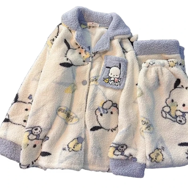 Uroczy zestaw piżamy damskiej Pochacco, dziewczęcy, z grubego, ciepłego polaru koralowego, rozpinany kardigan, spodnie, słodki, modny, casualowy strój domowy dla uczennic.