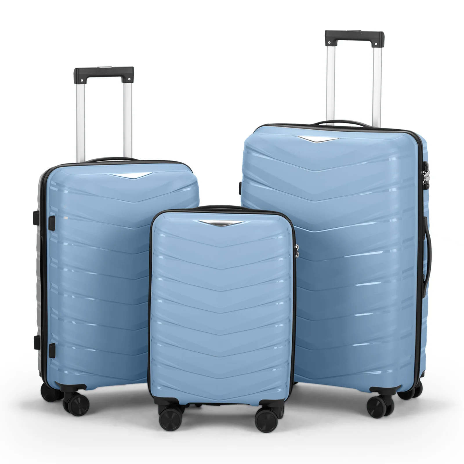 V-shaped stripes 3-in-1 PP trolley case 20in 24in 28in PP iron trolley fashionable color - sky blue (grain pattern)