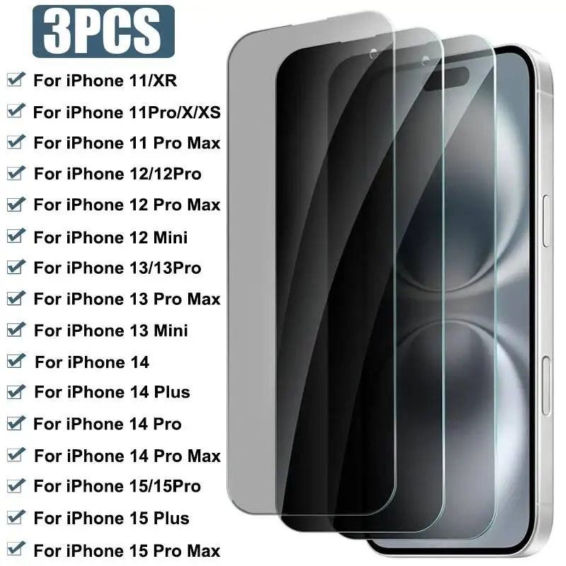 

3Pcs Full Cover Privacy Screen Protector 15 11 12 13 14 Pro Max Plus 12Mini 13Mini Anti-Spy Glass For Iphone Xr X Xs
