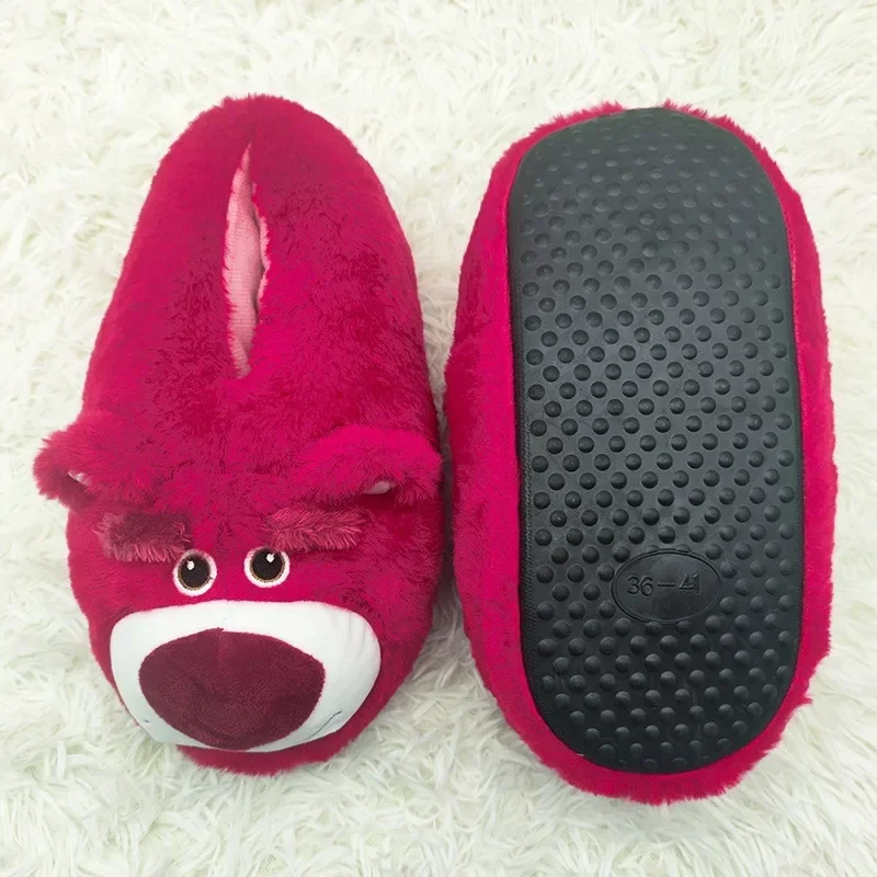 Zapatillas de algodón Lotso de Disney para mujer, pantuflas cálidas y esponjosas para invierno, Zapatillas de casa de felpa antideslizantes con dibujos animados a la moda para interior