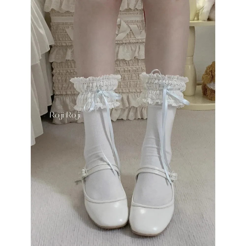 ถุงเท้าข้อกลางลายโบว์สไตล์โลลิต้า แนวสปริง 2026 น่ารัก สำหรับนักเรียนหญิง ถุงเท้าลูกไม้ผ้าฝ้าย