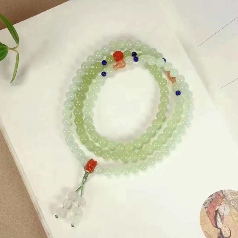 Natural Xinjiang Hetian Jade Yellow Mouth Material Gradient Diy108 Bead Necklace Multi-Circle Bracelet Certificate Delivery