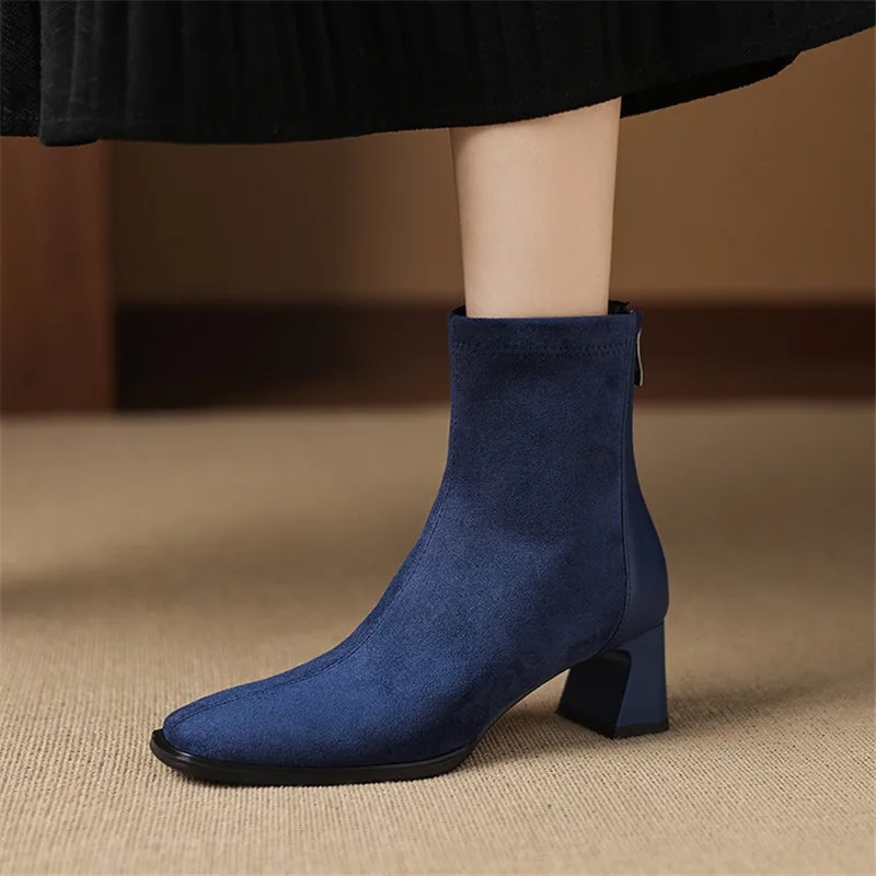 

New Autumn Winter Women Boots Square Toe Boots for Women Fashion Versatile High Heel Shoes Ankle Boots Handmade Blue Short Boot