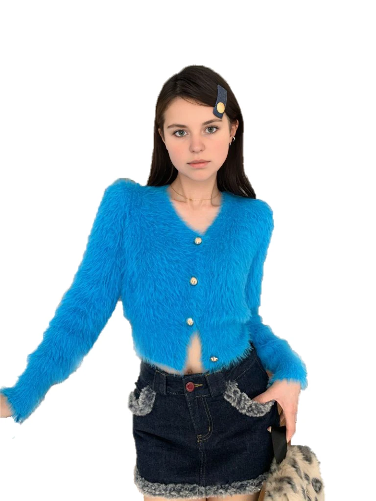 Slouchy V-neck faux mink cropped sweater jacket