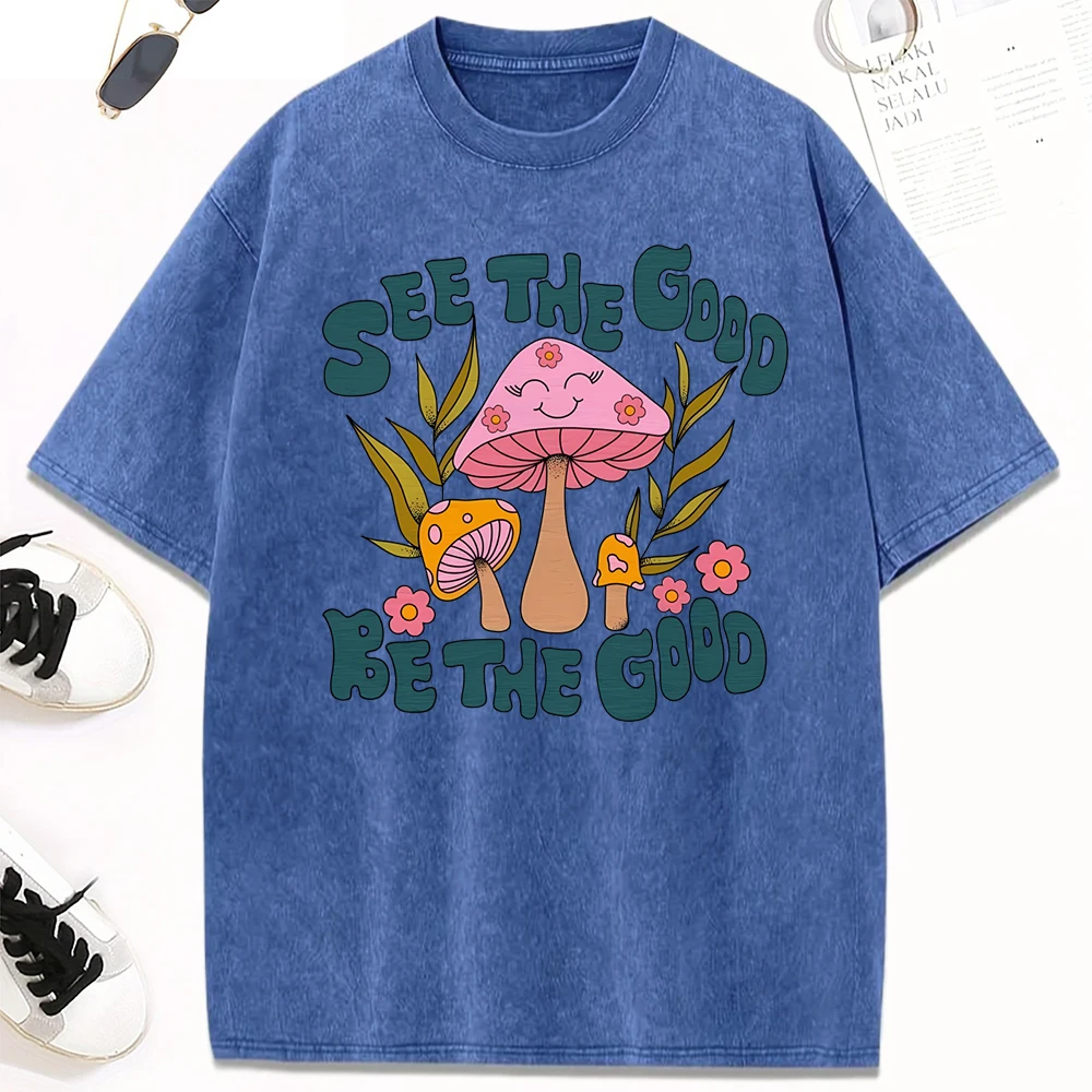 

See The Good Be The Good Happy Mushroom Print Washed T-Shirts Cotton All-Match Women T Shirt Y2K Loose Clothes Sport Summer Tops