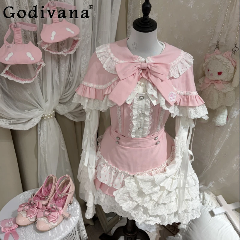 

Original Subculture Sweet Lolita Skirt Set Cute Girl's Short Cape Short-sleeved Shirt Detachable Suspender Skirt Outfit Summer