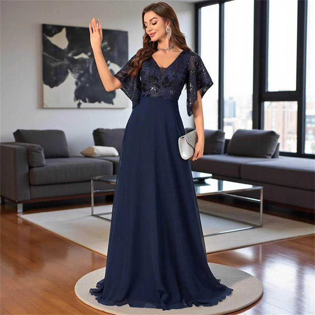 فساتين شيفون مضيئة نصف كم فساتين أم العروس على شكل حرف v دانتيل ترتر كشكشة للحفلات الراقصة فساتين سهرة رسمية طويلة للنساء #5